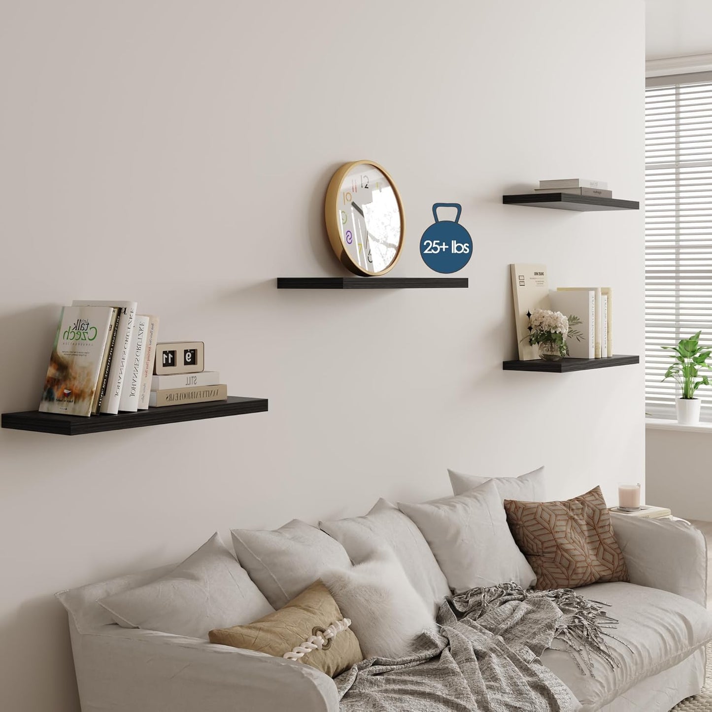 Wall Shelf Set of 2,Dark Wood Floating Shelves 24 in W x 10 in D x 1 in H, Wooden Floating Wall Shelf with Invisible Brackets for Living Room/Bedroom/Bathroom/Kitchen Storage and Decor