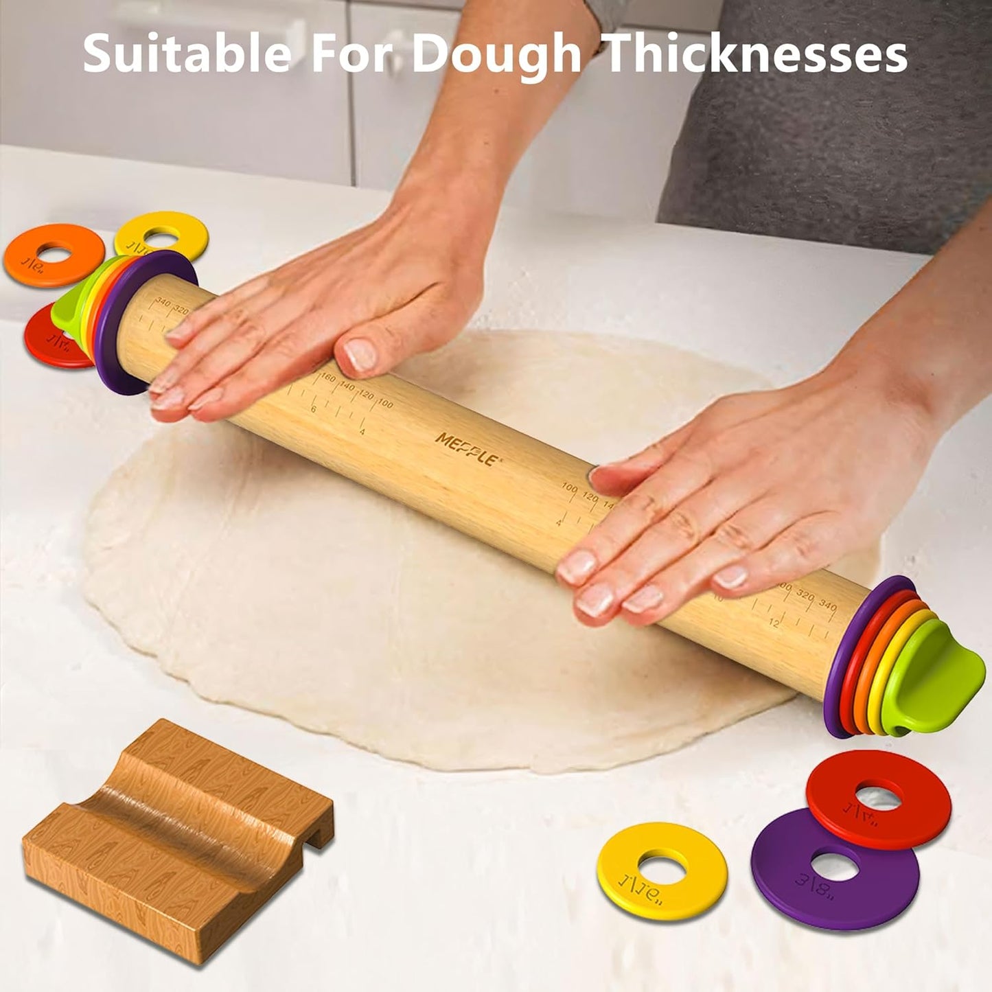 Rolling Pin with Thickness Rings for Baking,Fondant, Pizza, Pie Crust, Cookie, Pastry, Roller Rod for Dough Thickness, 13.6" Adjustable Wooden Rolling Pin with 4 Thickness Rings