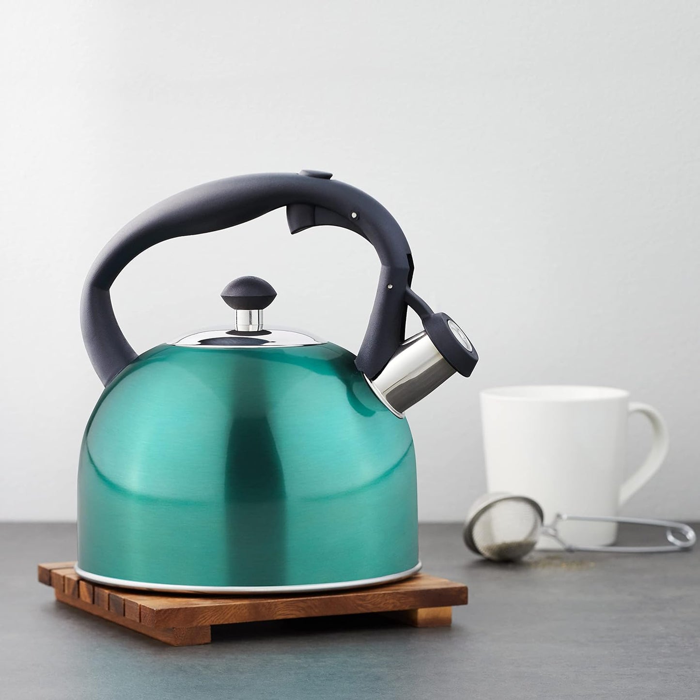 Amazon Basics Stainless Steel Tea Kettle, Hot Water Kettle with Whistle Spout, Fast Boiling, Ergonomic Handle, 2.4-Quart, Teal