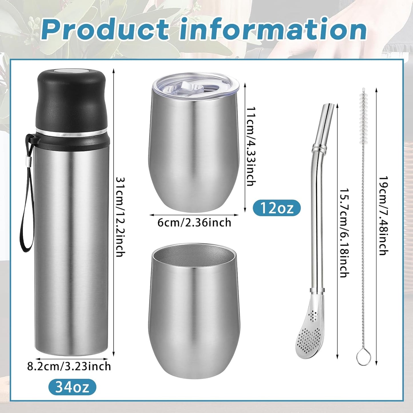 Dandat 2 Pieces Yerba Mate Cup and Vacuum Bottle Kit 12 oz Yerba Mate Gourd Cup and Bombilla Set for Travel, Turn The Cup Upside Down to Pour out All The Water(Steel Color)