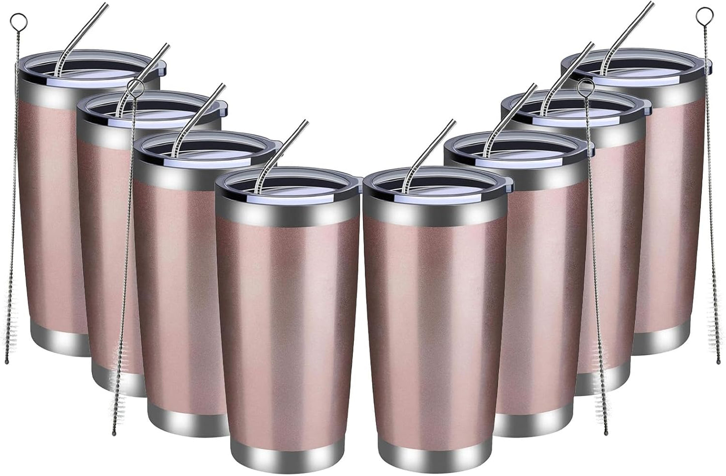 MEWAY 20oz Tumbler 8 Pack Double Wall Vacuum Insulated Travel Mug Bulk, Stainless Steel Tumblers with Lid and Straw, Durable Powder Coated Coffee Cups for Cold & Hot Drinks (Rose Gold, 8)