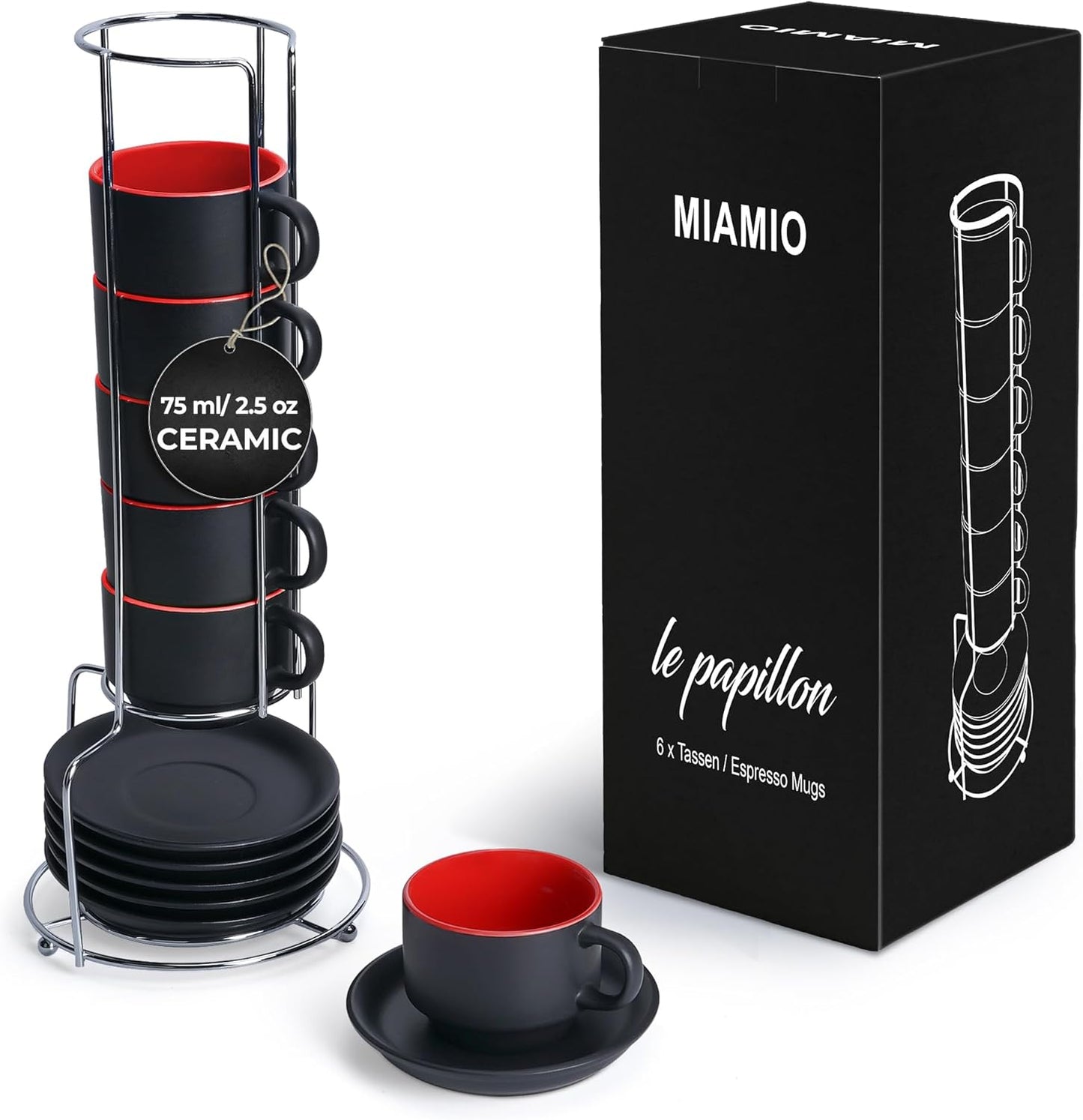 MIAMIO - 2.5 oz Espresso Cup Set with Saucers Coffee Mug Set of 6 - Ceramic Coffee Mug Stackable Espresso Mug with Stand for Coffee Drinks, Latte, Cafe Mocha - Le Papillon Collection (Red)