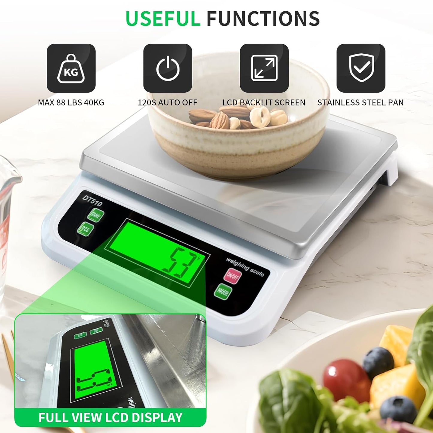 Large Digital Kitchen Scale 40kg/88lbs Commercial Food Scale with Tare and PCS Funtion for Parts and Coins LCD Display Stainless Steel Baking Scale for Cooking, Adapter Included (White, 40kg)