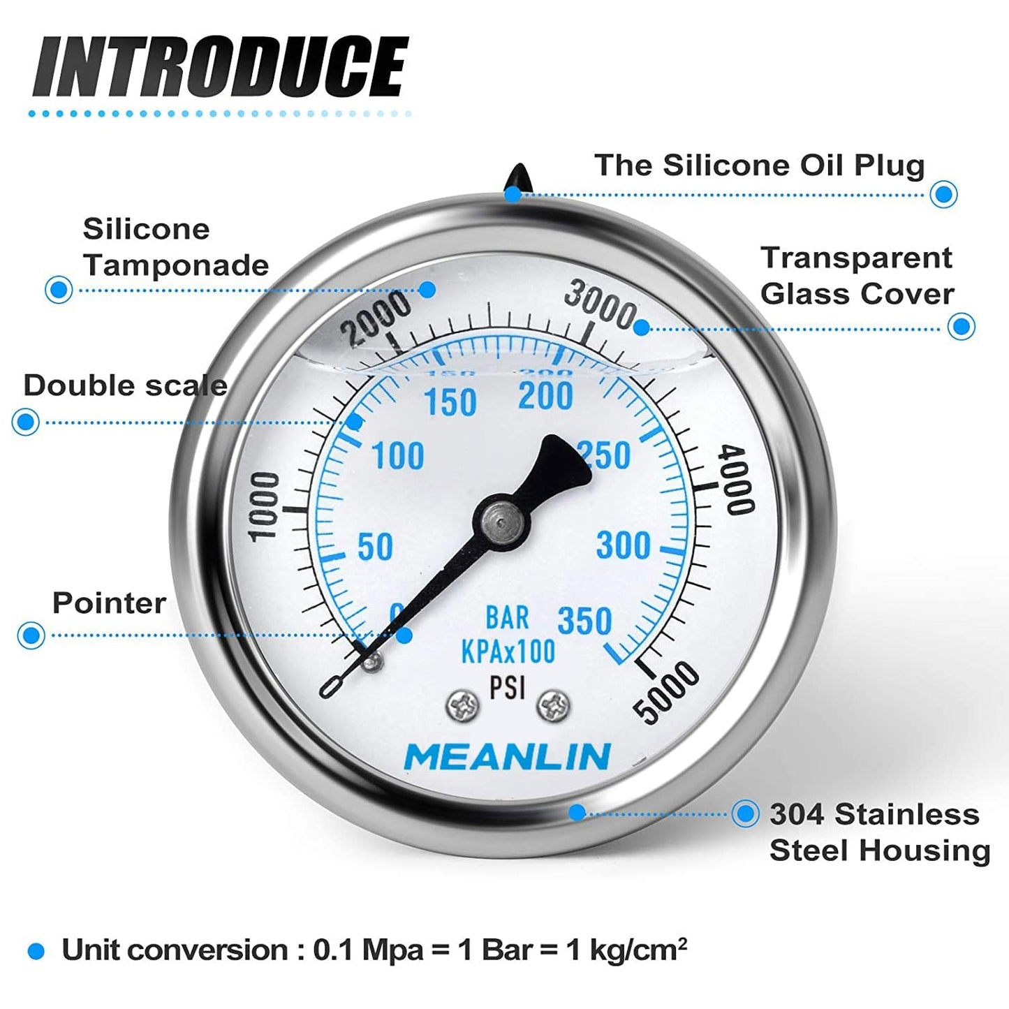 MEANLIN MEASURE 0~5000Psi Stainless Steel 1/4" NPT 2.5" FACE DIAL Liquid Filled Pressure Gauge WOG Water Oil Air Center Back Mount(Pack of 2