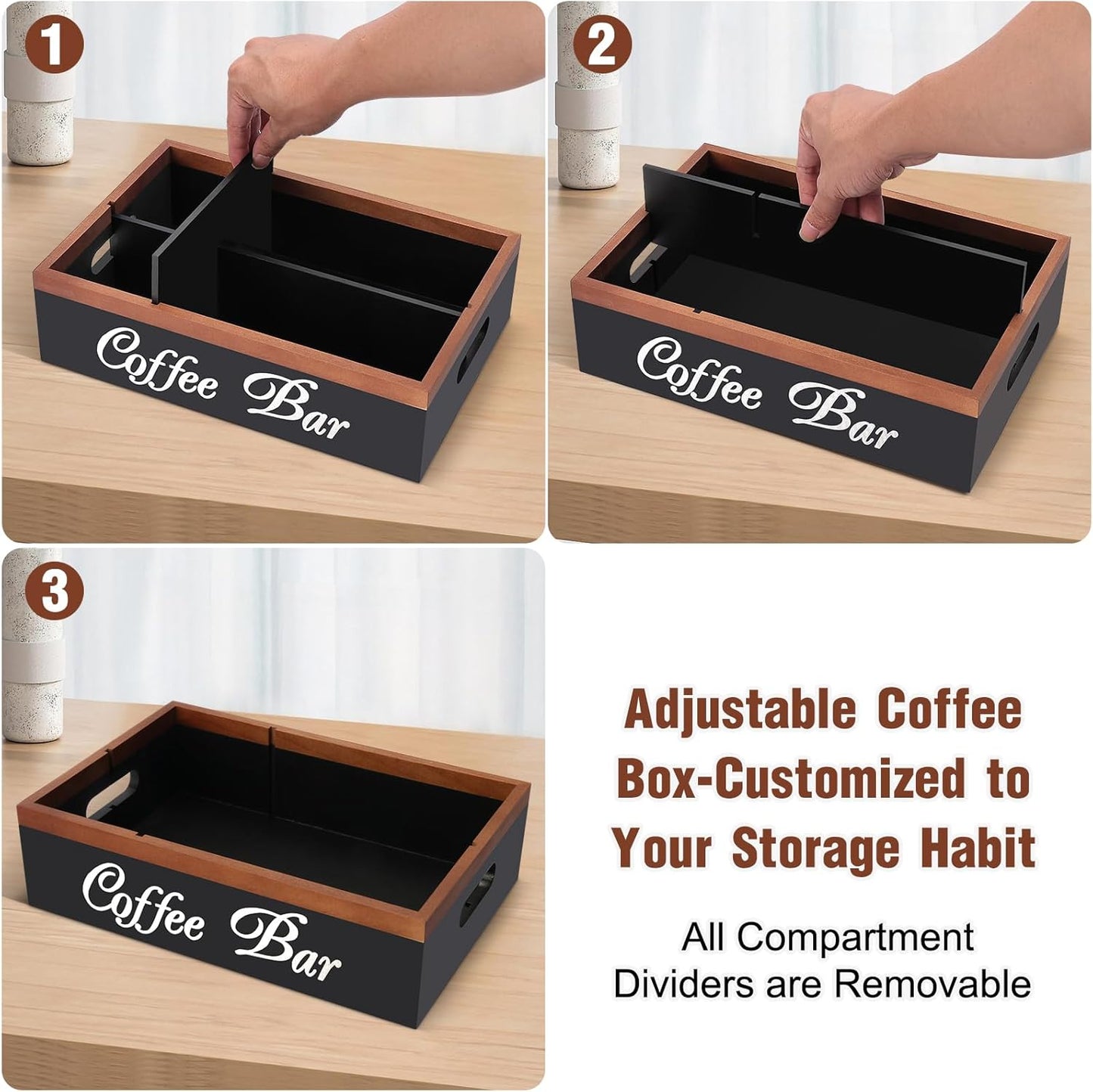 Wooden Coffee Organizer Holder with Divided Sections & Cutout Handle, Farmhouse Coffee Bar Organizer for Pods, Cups, Lids, Syrups, Stirrers & Accessories – Ideal Gift for Home or Office