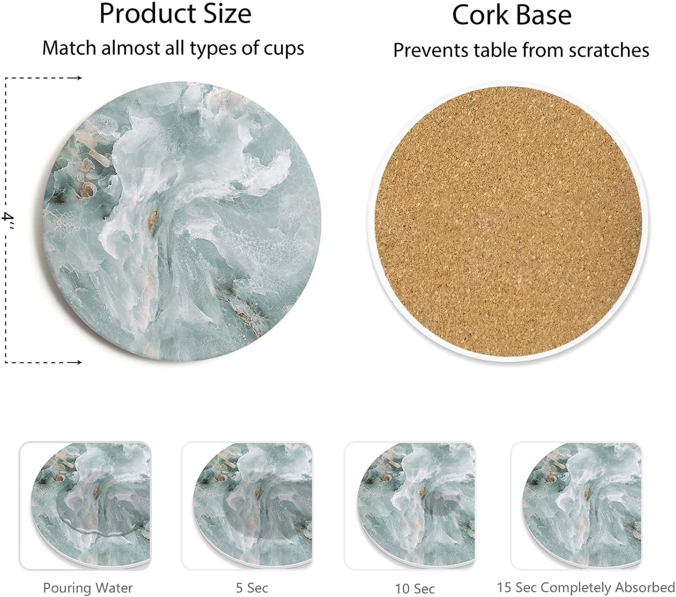 Set of 6 Abstract Marble Coasters with Holder, Absorbent Ceramic Coasters for Drinks, Coasters with Cork Backing for Table Protection, Housewarming Gifts for New Home