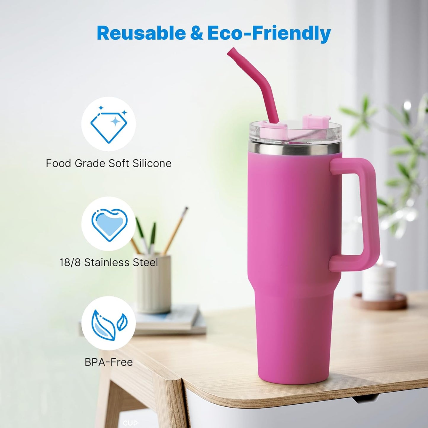 Repeatable Metal Straw with Silicone Tips for 30 oz Stanley Tumbler, 2 Pcs 30 oz Stainless Steel Straws Replacement for Stanley Tumbler, 1 Straw Brush, BPA Free（Fuchsia Red）