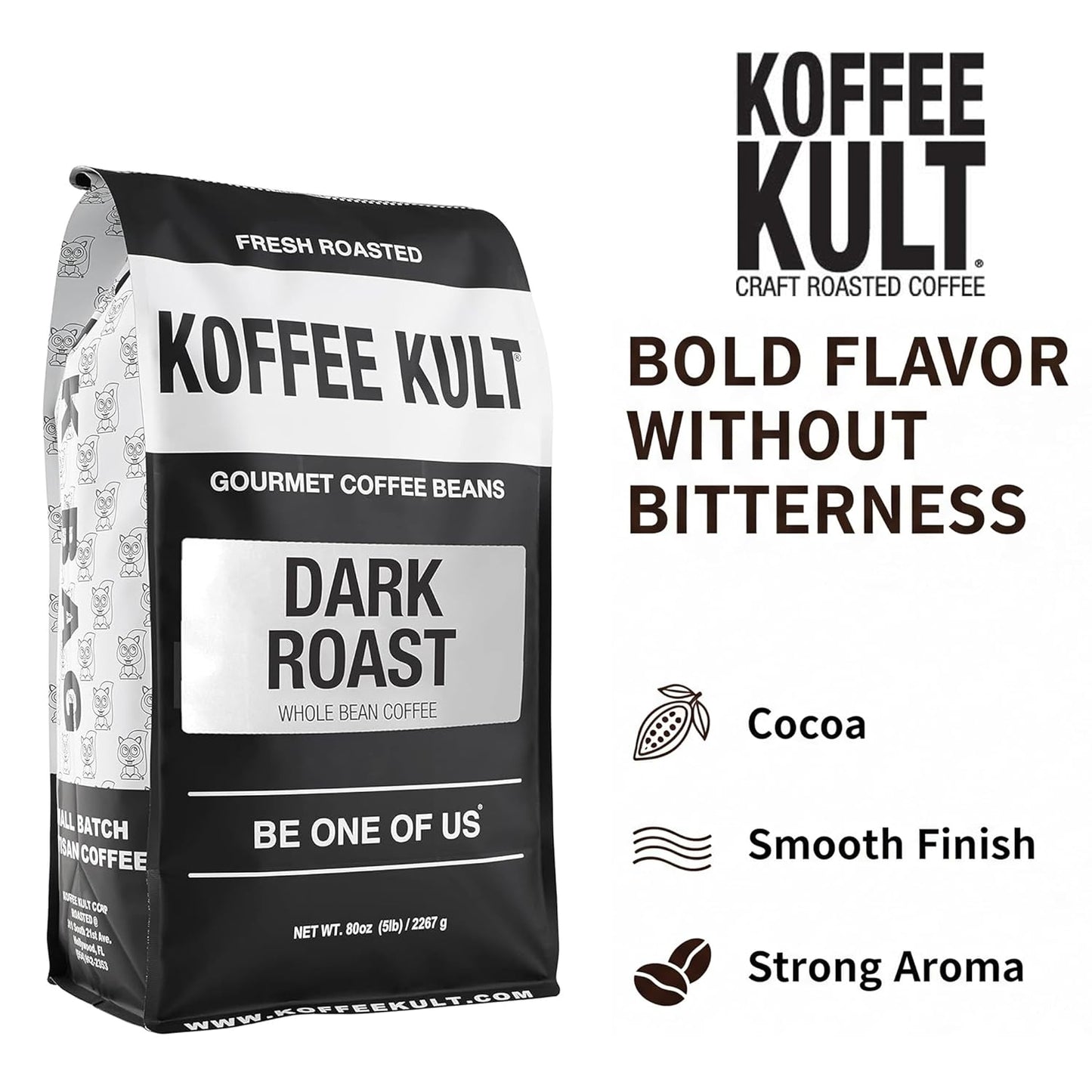 Koffee Kult Dark Roast Whole Bean Coffee 100% Arabica Coffee Beans, Gourmet Artisan Blend with Chocolate & Cinnamon Notes - 80oz Resealable Bag