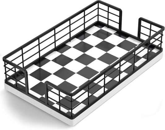 Wican Guest Towel Holder Tray for Bathroom, Oak and Iron Napkins Holder for Powder Room Dinning Table Wooden Basket for Disposable Paper Hand Towels Black and White