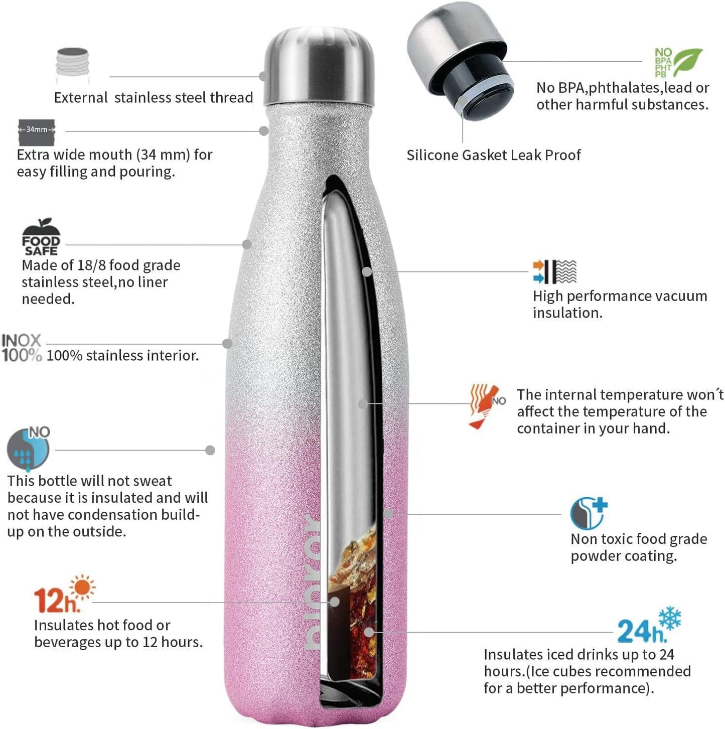 BJPKPK 17oz Insulated Water Bottles Stainless Steel,Sports Water Bottles Keep Cold for 24 Hours and Hot for 12 Hours,BPA Free,Glitter Silver Pink