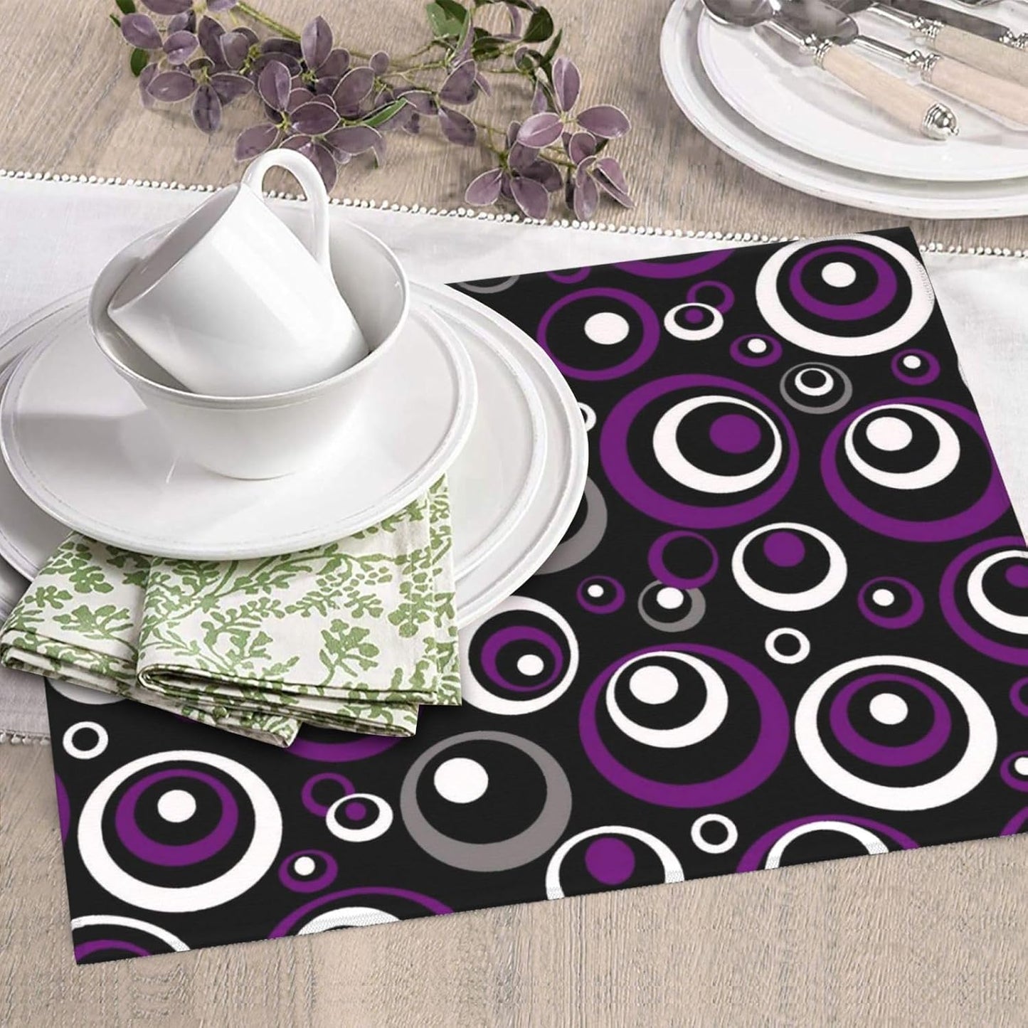 Purple White and Black Circle Pattern Dish Drying Mat, Absorbent Microfiber Decorative Kitchen Counter Mat, 16x18 inch Polyester, Absorption, Foldable, for Dishes Utensils Small Appliances, Home Decor