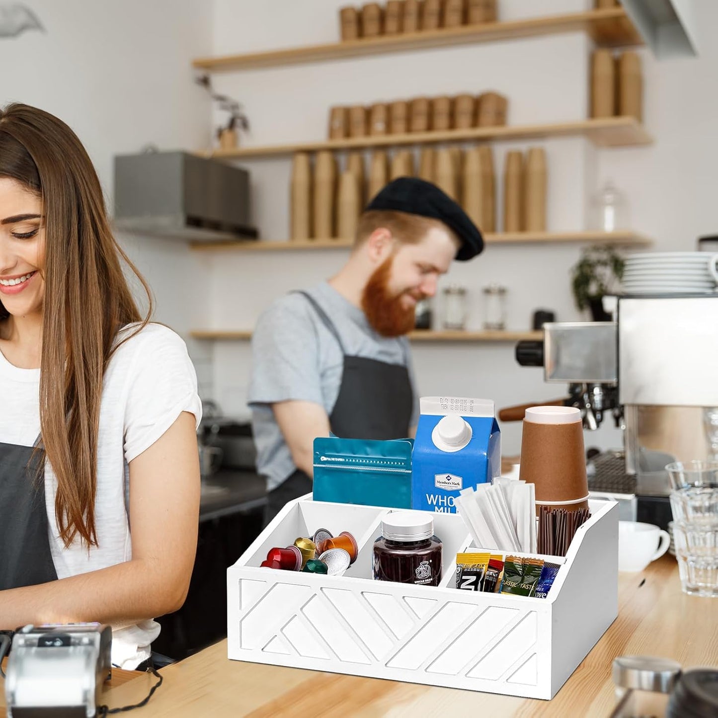 Wood Coffee Station Accessories - Coffee Bar Decor Organizer, Pod Syrup Holder, Condiment Organizer for Countertop (White)