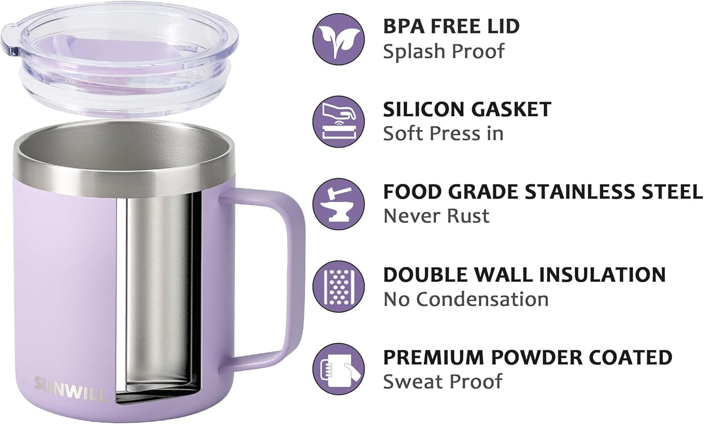 SUNWILL Travel Coffee Mug with Lid, Insulated Tumbler with Handle, 14 oz Stainless Steel Cup for Home, Office, Camping, Powder Coated Orchid