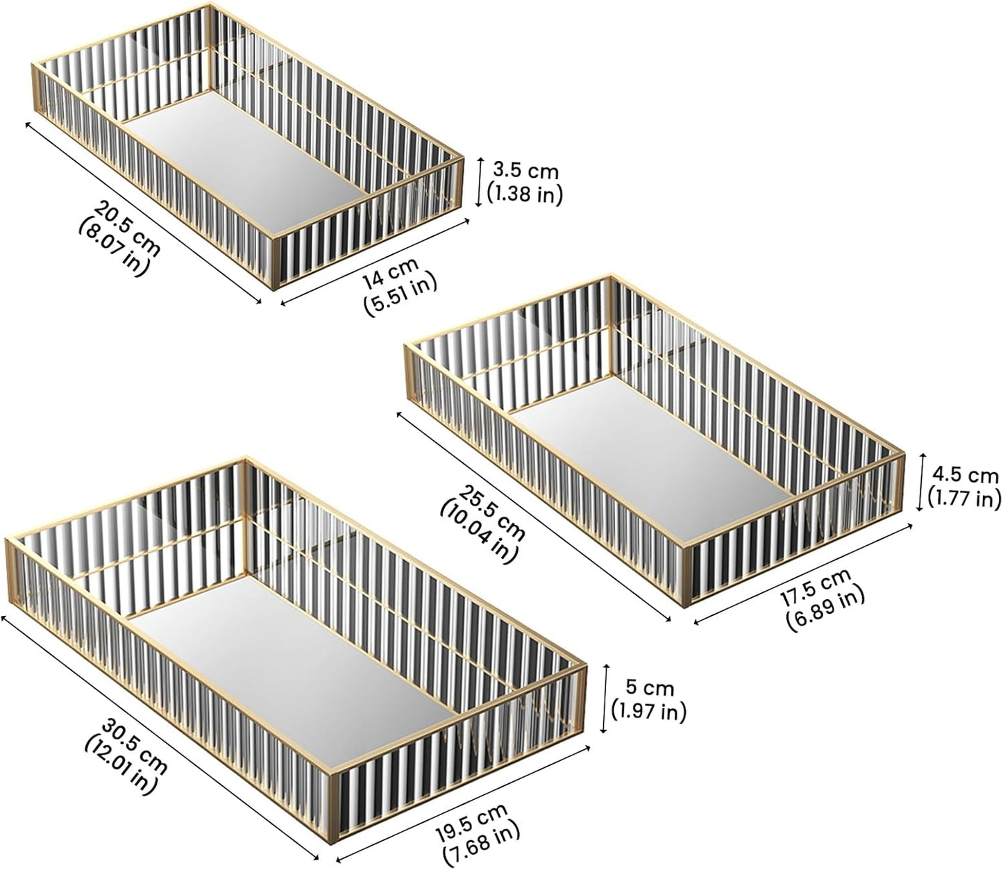 DAWNTREES Glass Vanity Tray, Bathroom Counter & Bedroom Dresser Organizer, Gold Border with Glass Bottom,Jewelry Makeup Perfume Display Trays for Home Decor,Set of 3 (Small, Medium, Large)