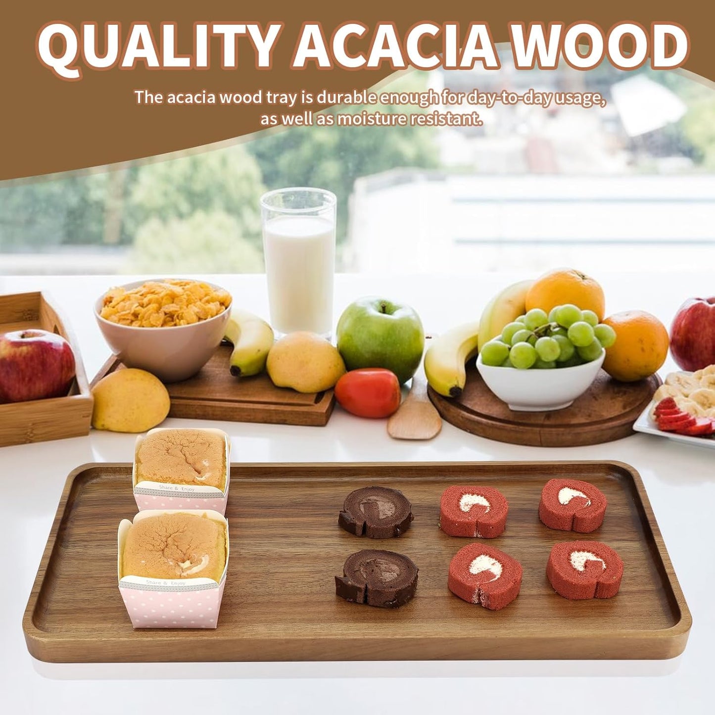 3 pcs 14"x5.3" Solid Acacia Wood Serving Trays Rectangular Wooden Serving Platters Natural Wooden Boards for Bar Coffee Party