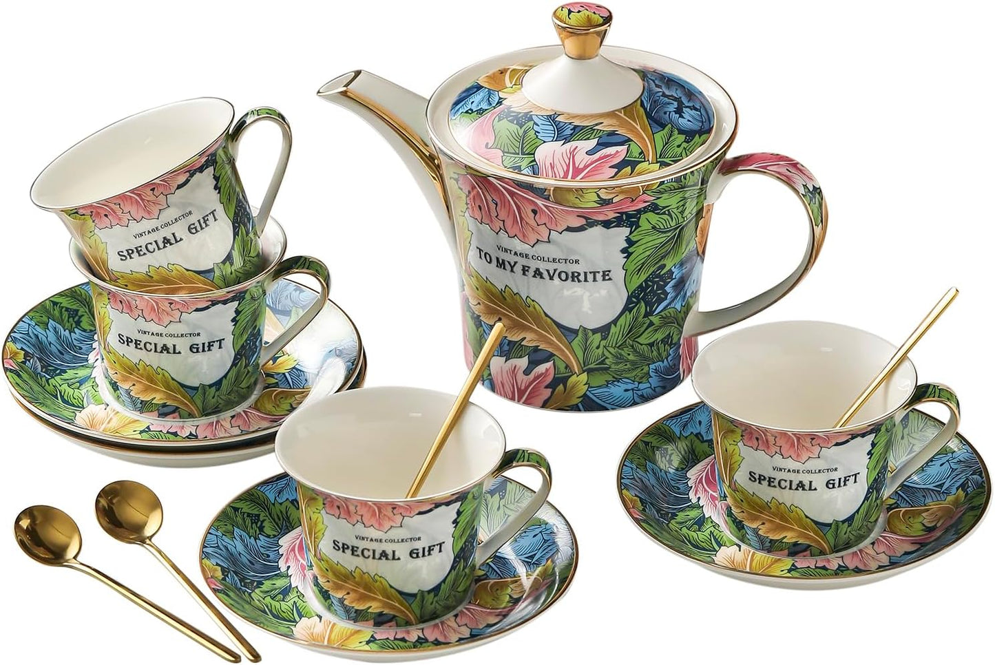 ACMLIFE Porcelain Tea Set for Adults, 15-Piece Green Bone China Tea Set for Women, Tea Cups and Saucers Set Service for 4, Gift (green, large set 13)