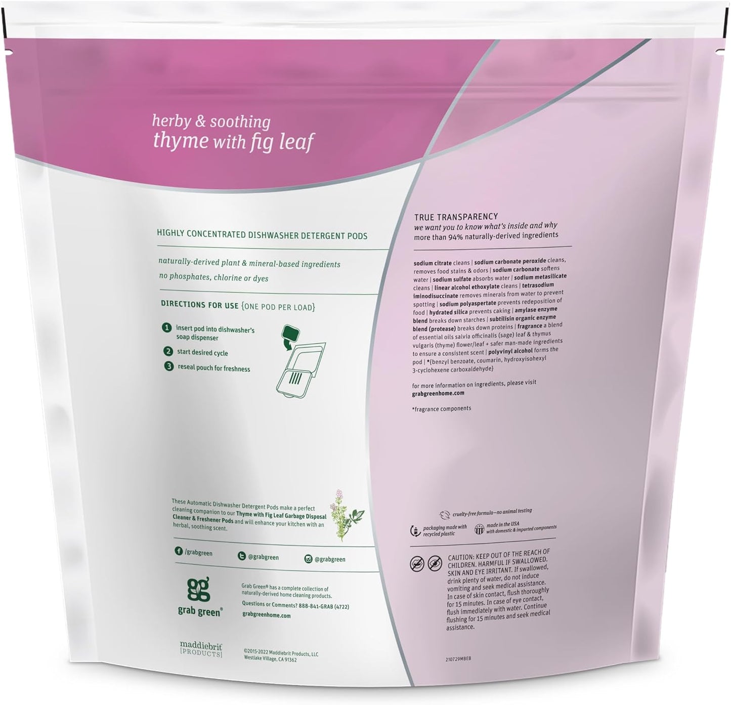 Grab Green Automatic Dishwashing Detergent Pods, 132 Count, Thyme Fig Leaf Scent, Plant and Mineral Based, Superior Cleaning, Powerful Grease Removal,