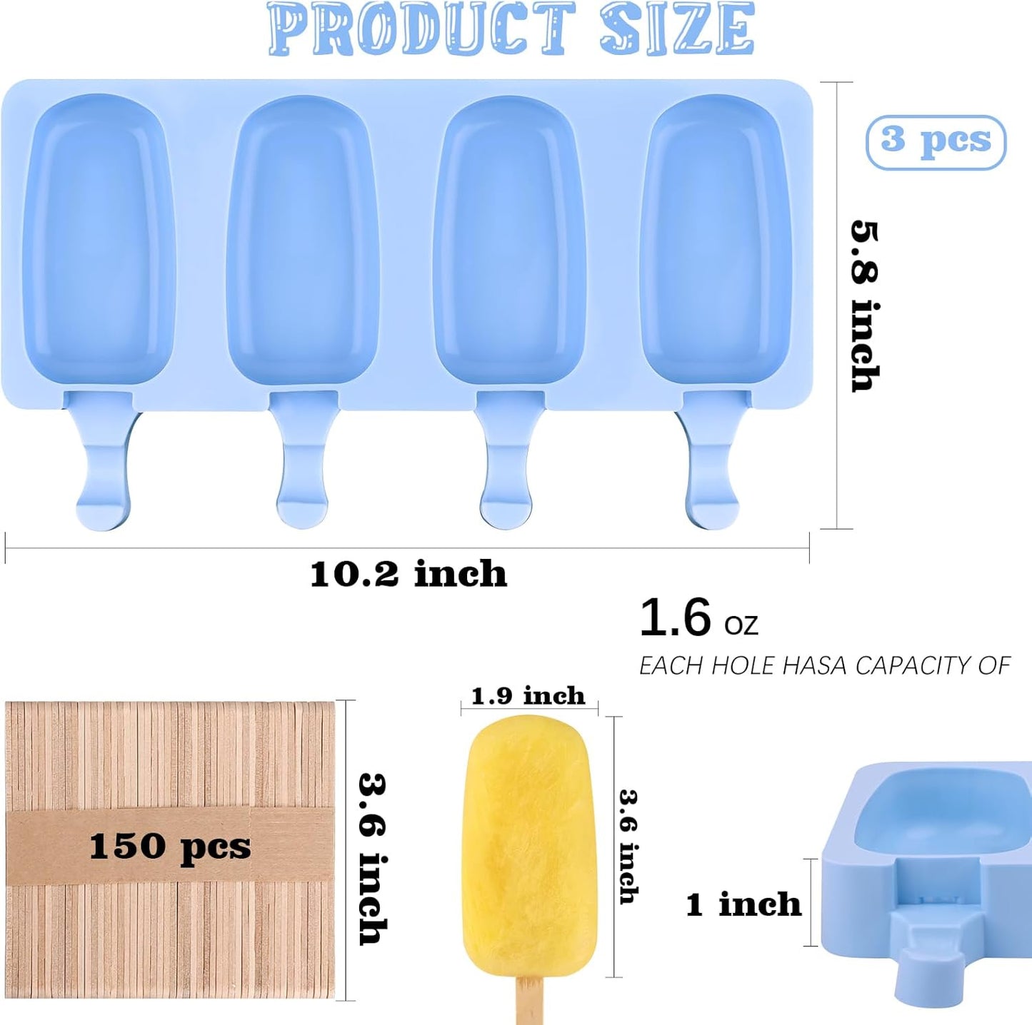 Sakolla Silicone Popsicle Molds Set of 3, Large Oval 4 Cavities Homemade Ice Pop Molds with 150 Wooden Sticks for Ice Cream, Cakesicles, Cake Pop (Blue)