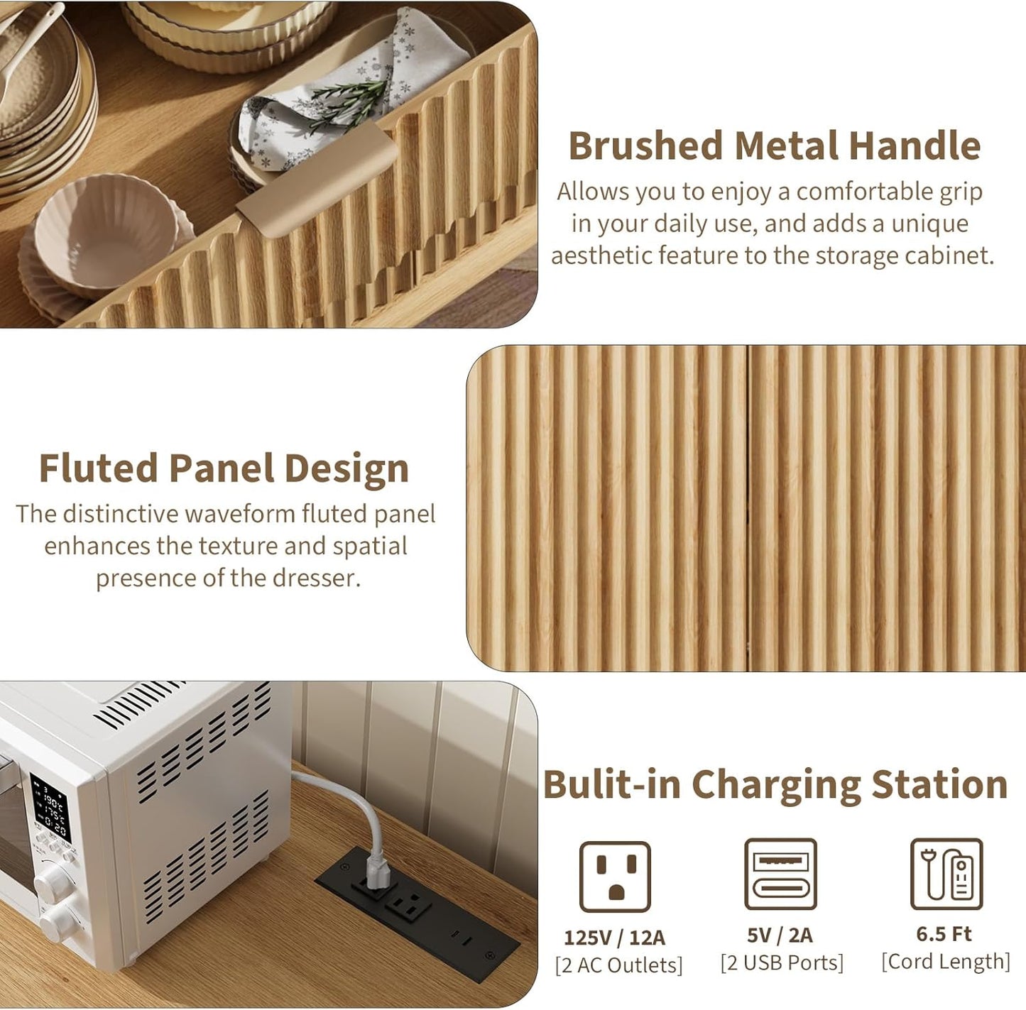 QUW Fluted Sideboard Buffet Cabinet with Charging Station, 47.2" Kitchen Storage Cabinet with Drawers and Adjustable Shelves, Modern Coffee Bar Kitchen Table for Dining Room, Living Room, Natural Oak