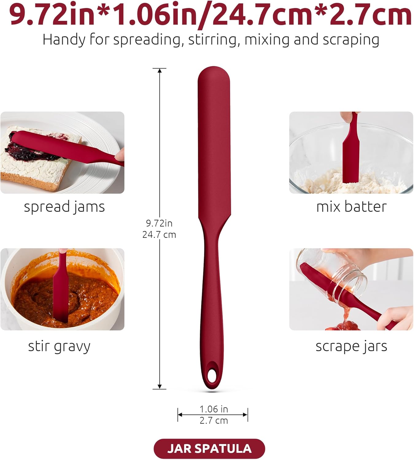 U-Taste Skinny Silicone Jar Spatula: 600ºF Heat-Resistant Food-Grade 10in Long Narrow Sourdough Stirring Stick, Seamless Flexible Peanut Butter Spreader for Scraping Icing Bread Cream, Jam (Red)
