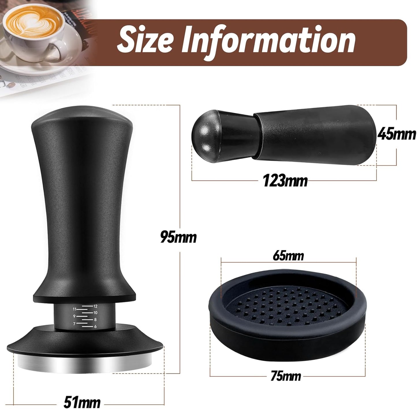 Coffee Espresso Tamper 51mm with WDT Tool Calibrated Spring Loaded, Coffee Tamper with Silicone Tamper Mat,Black Espresso Distribution Tool,Stainless Steel Base Tamper for Espresso Coffee Machine