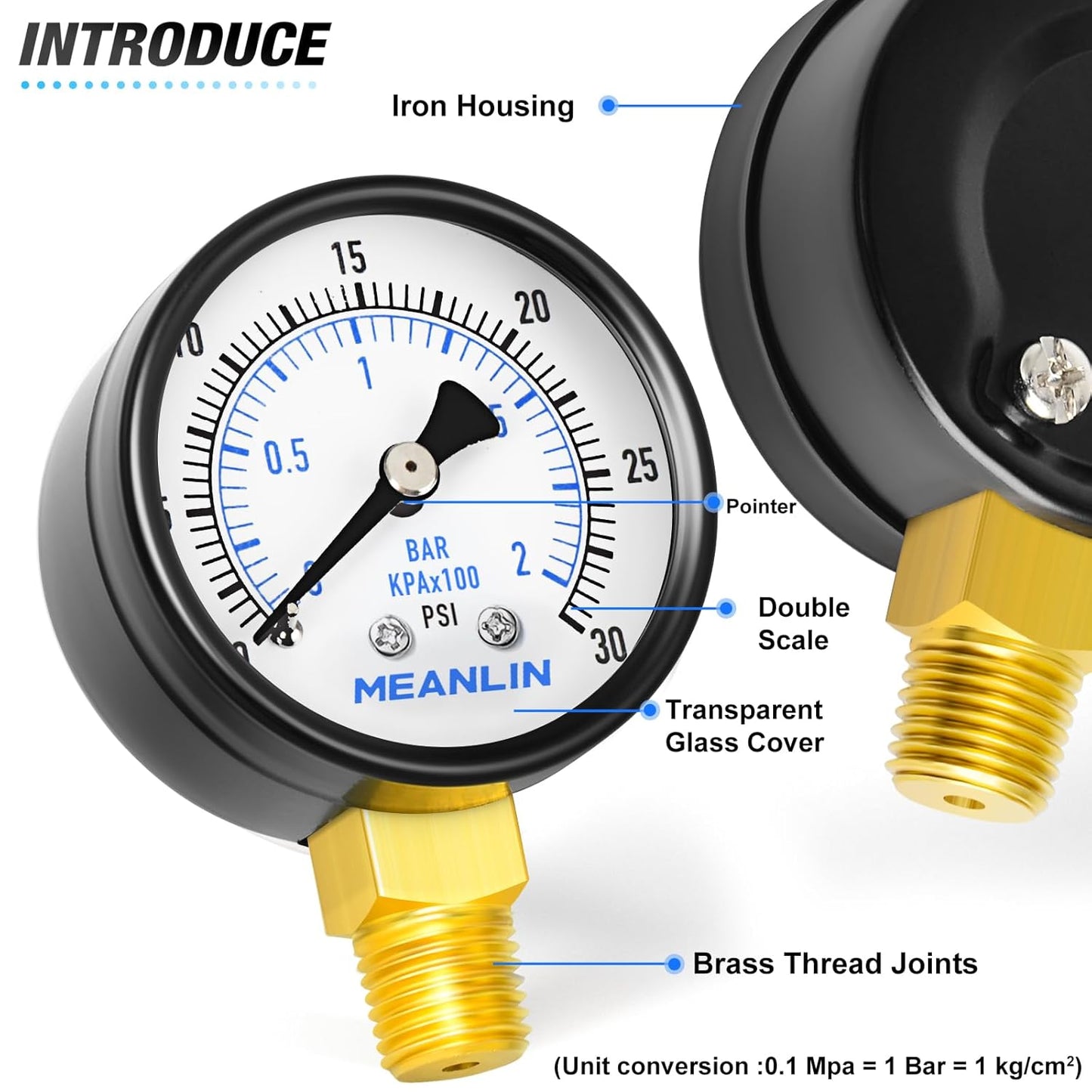 MEANLIN MEASURE 0-30Psi Well Pump Pressure Gauge 1/4" NPT 2" FACE DIAL for Pool Sand Filter Water Oil Air Pressure Test Lower Mount, with Teflon Tape
