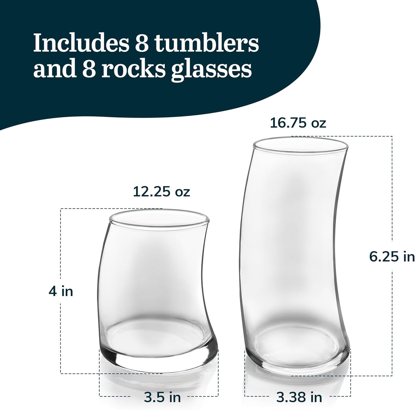 Libbey Swerve Drinking Glasses Set of 16, Dishwasher Safe, Chip Resistant Everyday Drinking Glasses, Fun and Edgy Set of Glasses for Special Events