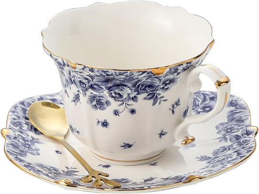 TATSUMI Country Roses Bone China Tea Cup and Saucer Set, 3 Pieces, Vintage Style, For Women and Tea Parties（sky blue，1 set）