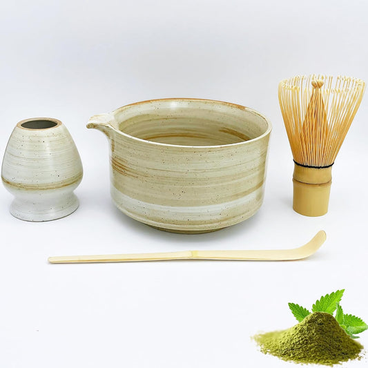 4pcs Matcha Set, Japanese Matcha Kit with Whisk, 17oz Ceramic Bowl with Spout, Whisk Holder & Bamboo Scoop for Starter, Tea Ceremony, Tea Lover, Gift