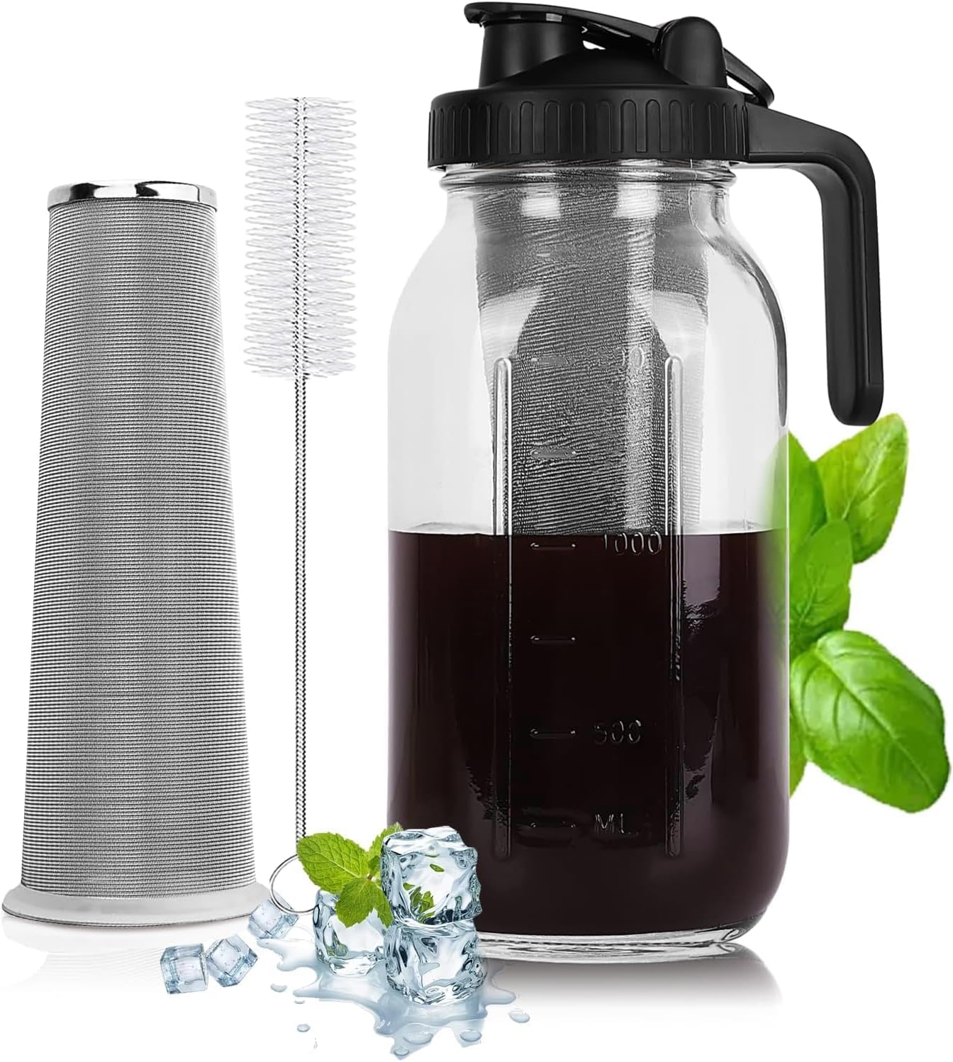 Cold Brew Coffee Maker - 64 Oz Heavy-Duty Glass Mason Jar Pitcher with Stainless Steel Filter, Leak-Proof Lid, Ergonomic Handle & Precision Pour Spout – Ideal for Iced Coffee, Tea, Cold Brew (Black)