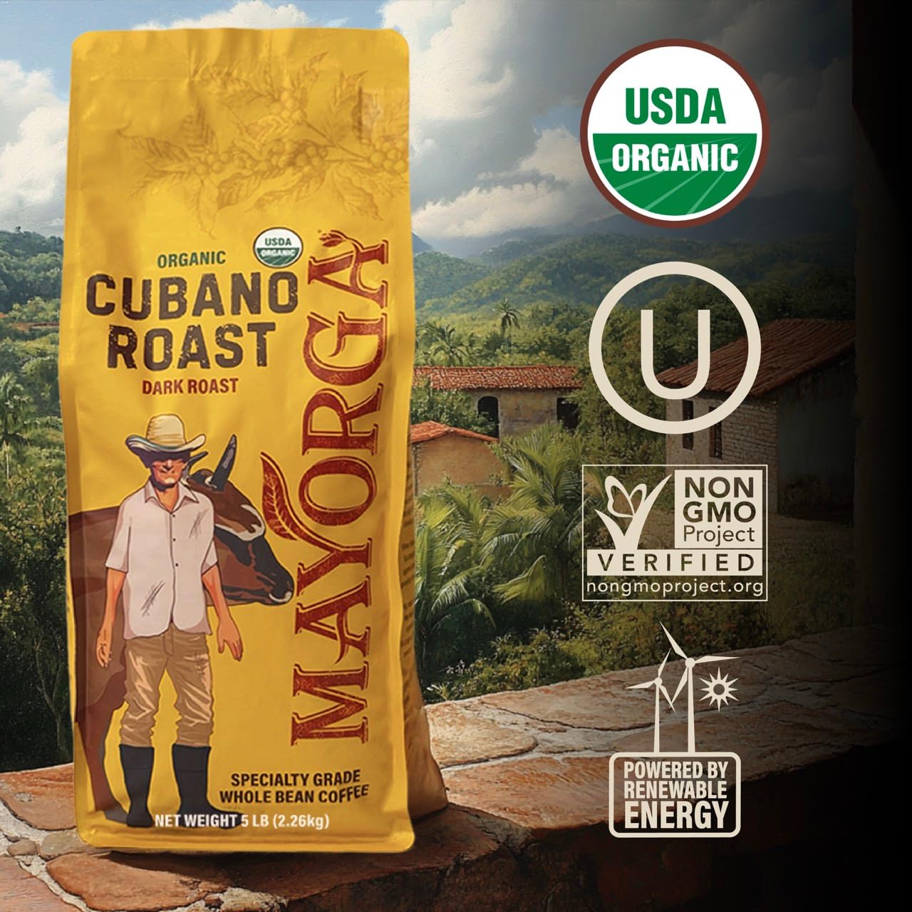 Mayorga Dark Roast Coffee 5lb bag Cubano Roast 100% Arabica Café Whole Coffee Beans - Smoothest Organic Coffee - Specialty Grade, Non-GMO, Direct Trade
