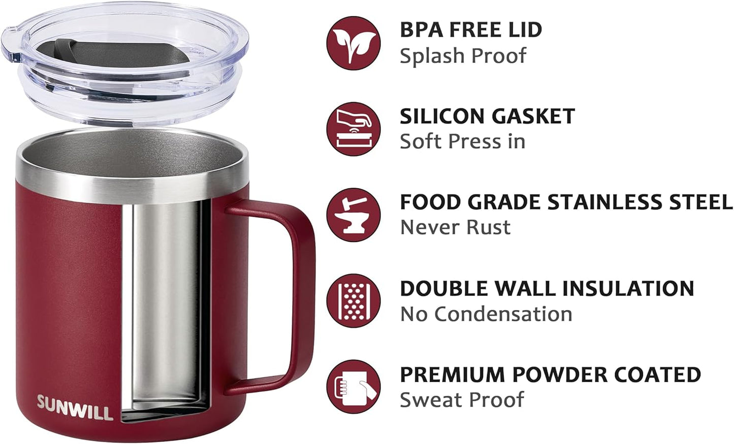 SUNWILL Travel Coffee Mug with Lid, Insulated Tumbler with Handle, 14 oz Stainless Steel Cup for Ice, Water, Tea, Powder Coated Wine Red