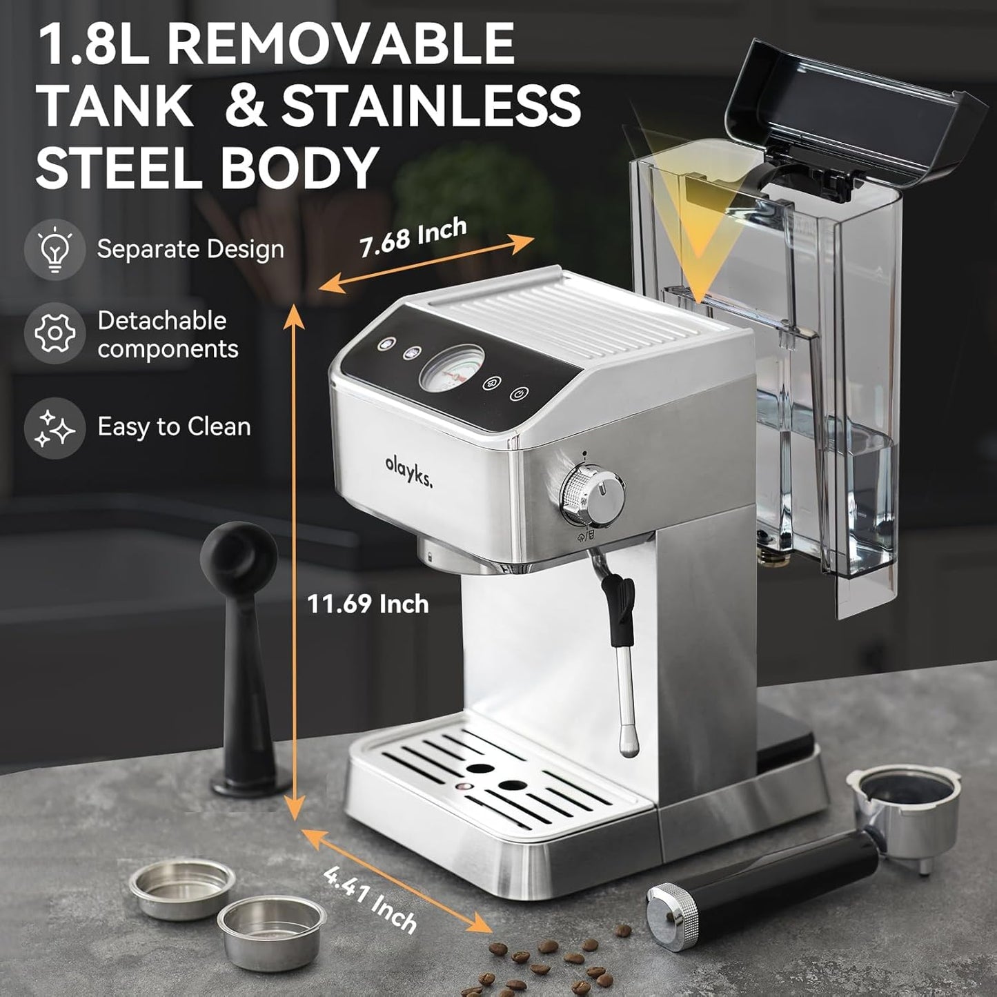 Espresso Machine 20 Bar, Brush Stainless Steel Espresso Maker with Milk Frother Steam Wand, 1400W Espresso Coffee Machine with 1.8L Removable Water Tank for Latte, Cappuccino,Machiato