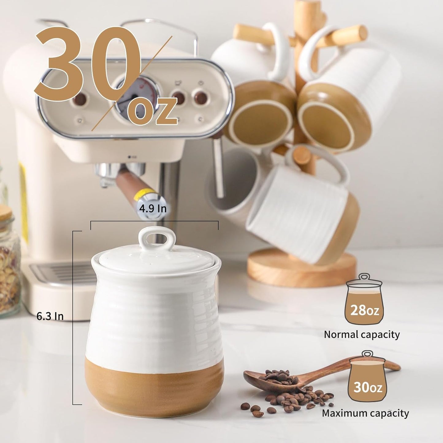 Hasense Ceramic Food Storage Container, Porcelain Kitchen Canisters with Airtight Lid, 35 OZ Coffee Canisters for Kitchen Counter, Candy Jar for Tea, Sugar, Salt and More, Farmhouse Decor, White