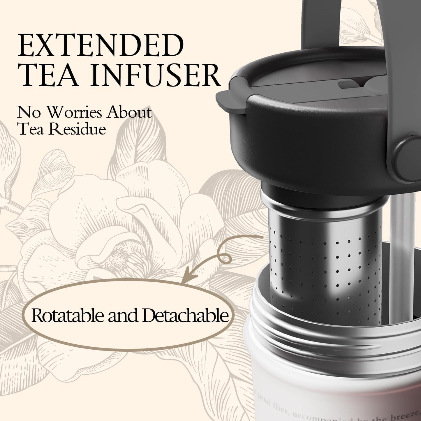 GOOM 20 oz Spill Proof Tumbler with Lid and Straw, Top Handle, Extended Tea Infuser, 18/10 Stainless Steel, Insulated Hot & Cold Brew Gifts for Mom Women Her, Teacher Gifts - Floral White