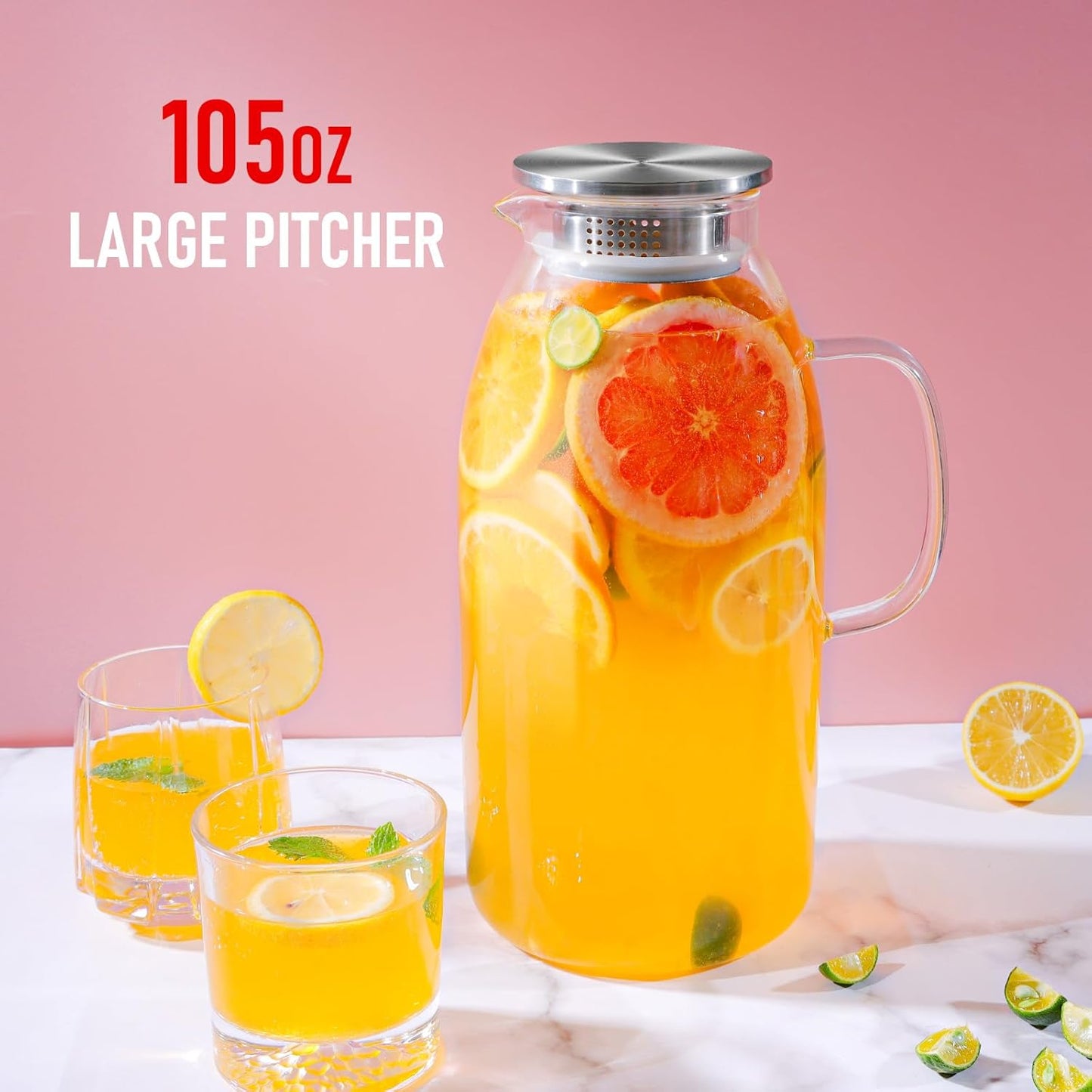 Glass Pitcher, veecom 105 Oz Large Glass Water Pitcher with Handle and Lid, Pitchers for Drinks, Iced Tea Pitcher for Fridge, Lemonade Juice Jugs