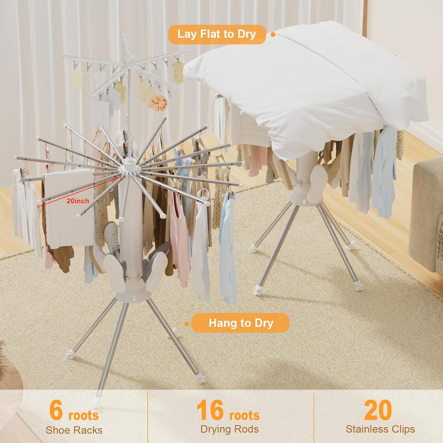 Clothes Drying Rack Foldable, 4-Legged Portable Drying Rack Clothing with 20 Clips, Shoe Dryer Rack, Outdoor Laundry Drying Racks with 4 Pulleys, Aluminum Hanging Dry Rack for Clothes,Socks,Towel