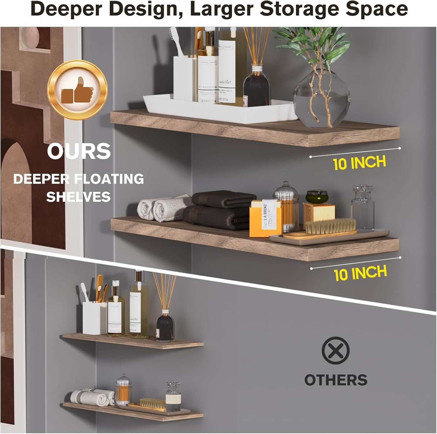 Wall Shelf Set of 3, Walnut Floating Shelves 30 in W x 10 in D x 1 in H, Wooden Floating Wall Shelf with Invisible Brackets for Living Room/Bedroom/Bathroom/Kitchen Storage and Decor