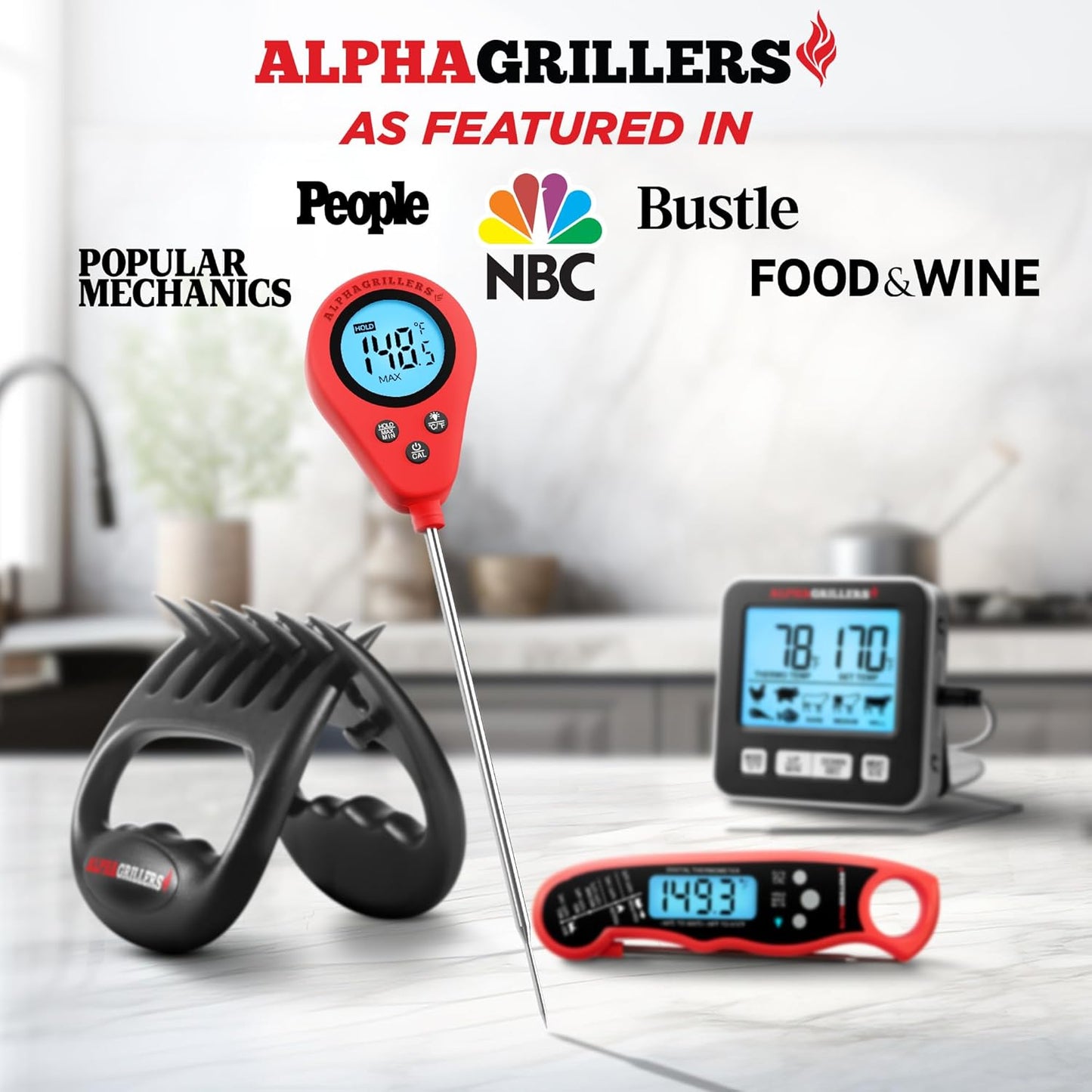 Alpha Grillers Instant Read Meat Thermometer Digital Food Thermometer for Cooking Grilling Bread Baking Liquids and Air Fryer with Temperature Guide, Long Probe and Large Backlit Display