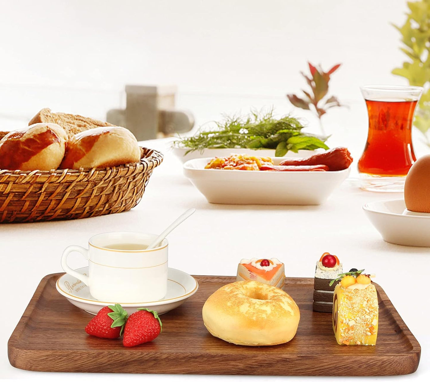 2 Pcs Wooden Rectangle Serving Trays for Ottoman Bar Party Food Tray Large Fruit Rectangular Platter Best Acacia Wood Plates for Decor Cheese Serving Board Snack Tray Charcuterie Boards Serving Dishes