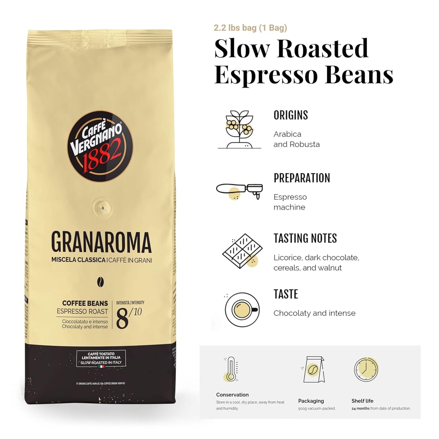 Caffe Vergnano 1882 Gran Aroma Whole Bean Arabica Medium Espresso Roast Coffee, 2.2lbs Bag - Italian Coffee Beans with Rich notes of Cocoa, Spices & Dried Fruit, Intensity 8/10-1000g Bag