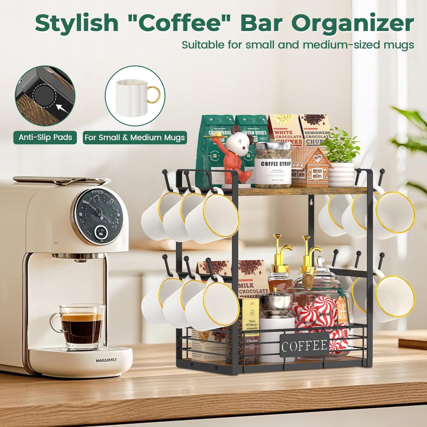 EsLuker.ly Coffee Mug Cup Holder Tree Bar Station Organizer for Countertop, Multi-Functional 2 Tier Mug Stand Rack for Kitchen, Storage Shelf with 12 Hooks, Vintage Brown-Black(Patented Design)