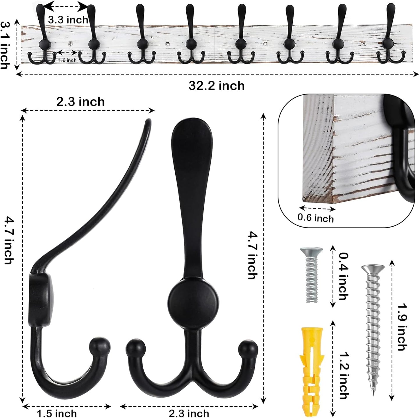 32.2'' Large Coat Rack Wall Mount Coat Hooks with 8 Metal Black Triple-Hooks Old White Pine Real Wood Plank Hat Rack for Wall Hooks