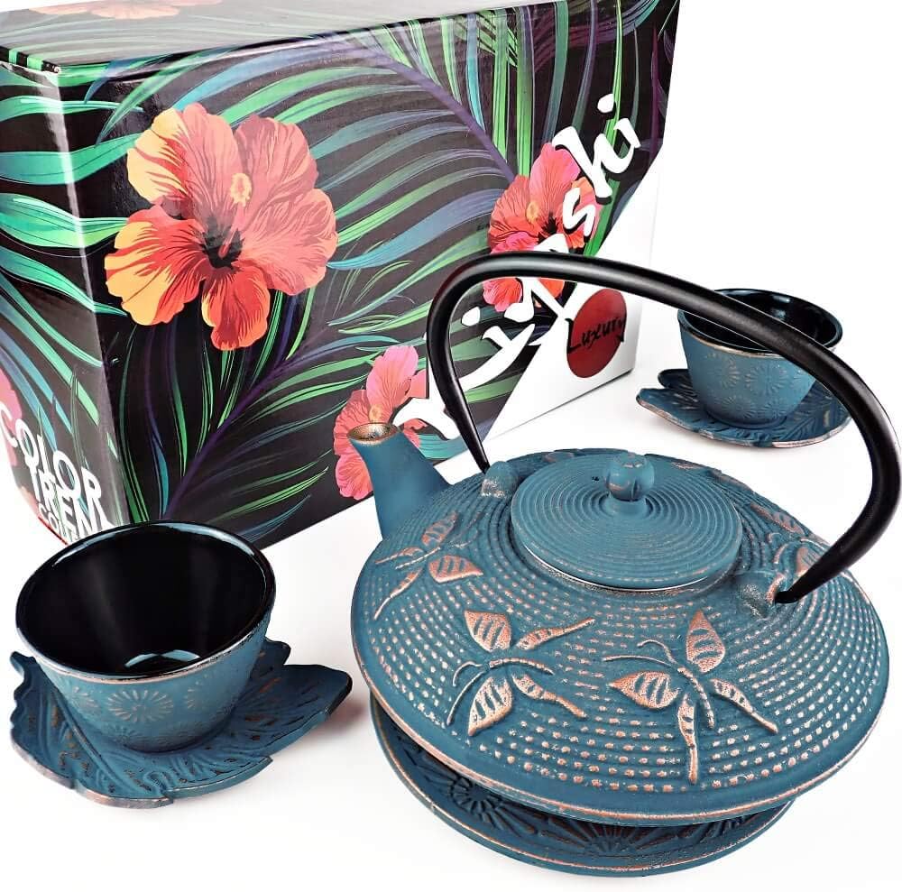 7PC Japanese Tea Set. "Blue Butterfly" Cast Iron Tea Pot with 2 Tea Cups, 2 Saucers, Tea Infuser and Teapot Trivet. Ceremonial Matcha Accessories