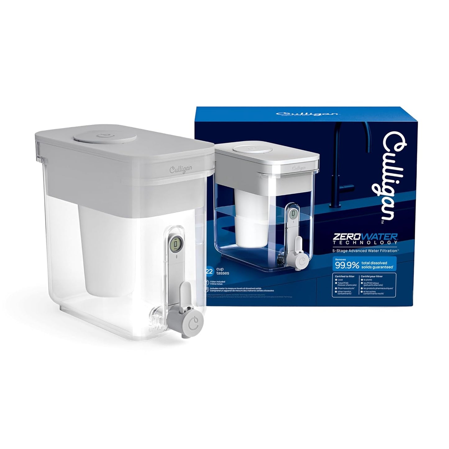 Culligan with ZeroWater Technology 22-Cup Water Filter Dispenser – Includes 5-Stage Advanced Water Filter, Certified to Reduce Lead, Total PFAS (Forever Chemicals), Mercury, Fluoride, and Chlorine