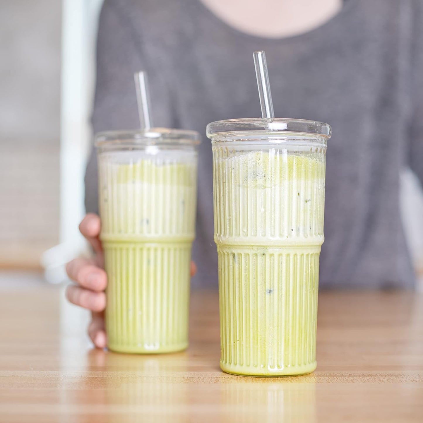 All Glass Iced Coffee Cup with Lid and Straw, Ribbed Glass Tumbler Set of 2 (22 oz ribbed)