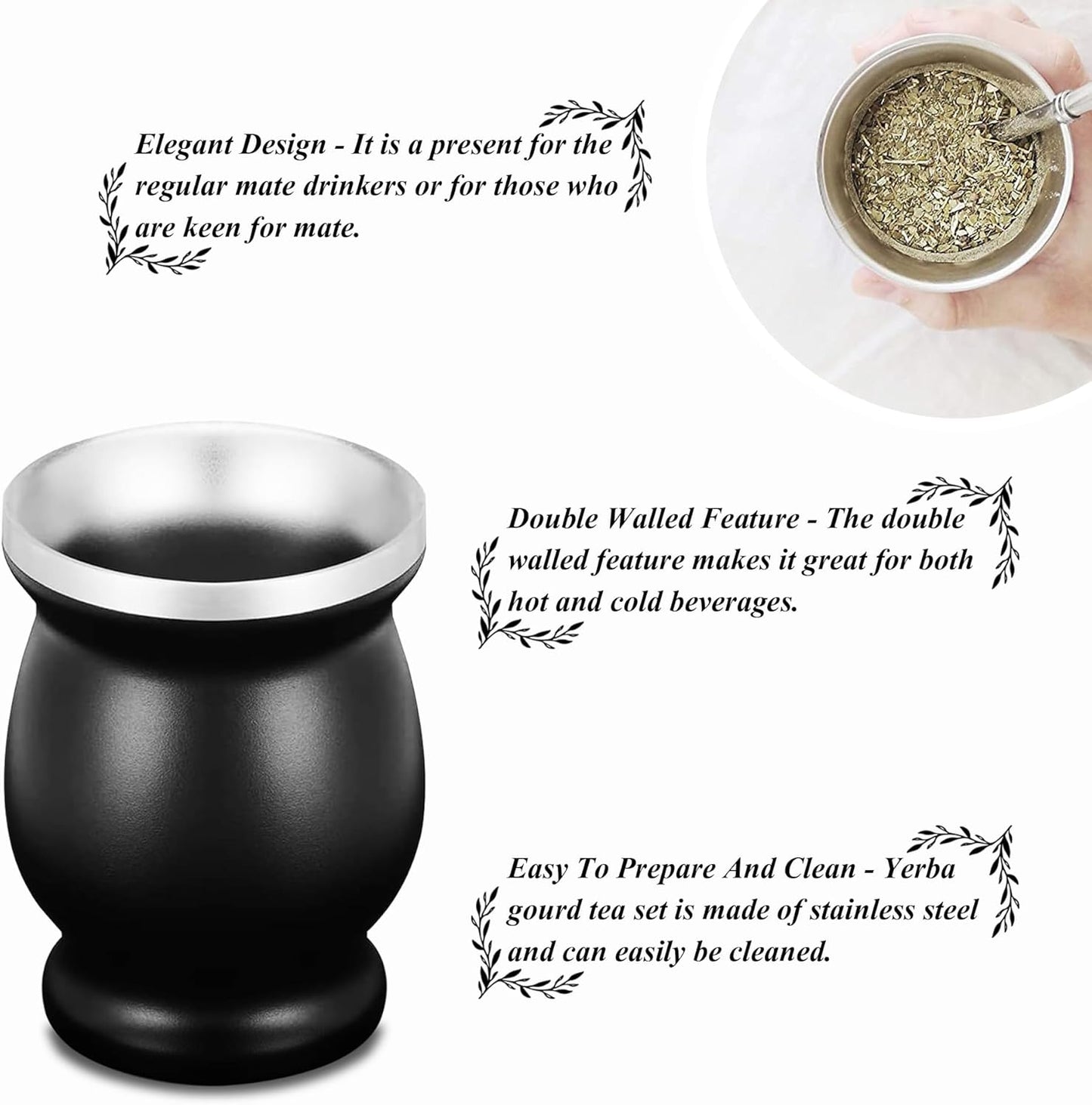 LA FEE Yerba Mate Natural Gourd/Tea Cup Set Brown (Original Traditional Mate Cup - 8 Ounces)，Includes Yerba Mate Straw & Cleaning Brush，Stainless Steel | Double-Walled | Easy to Clean (Black)