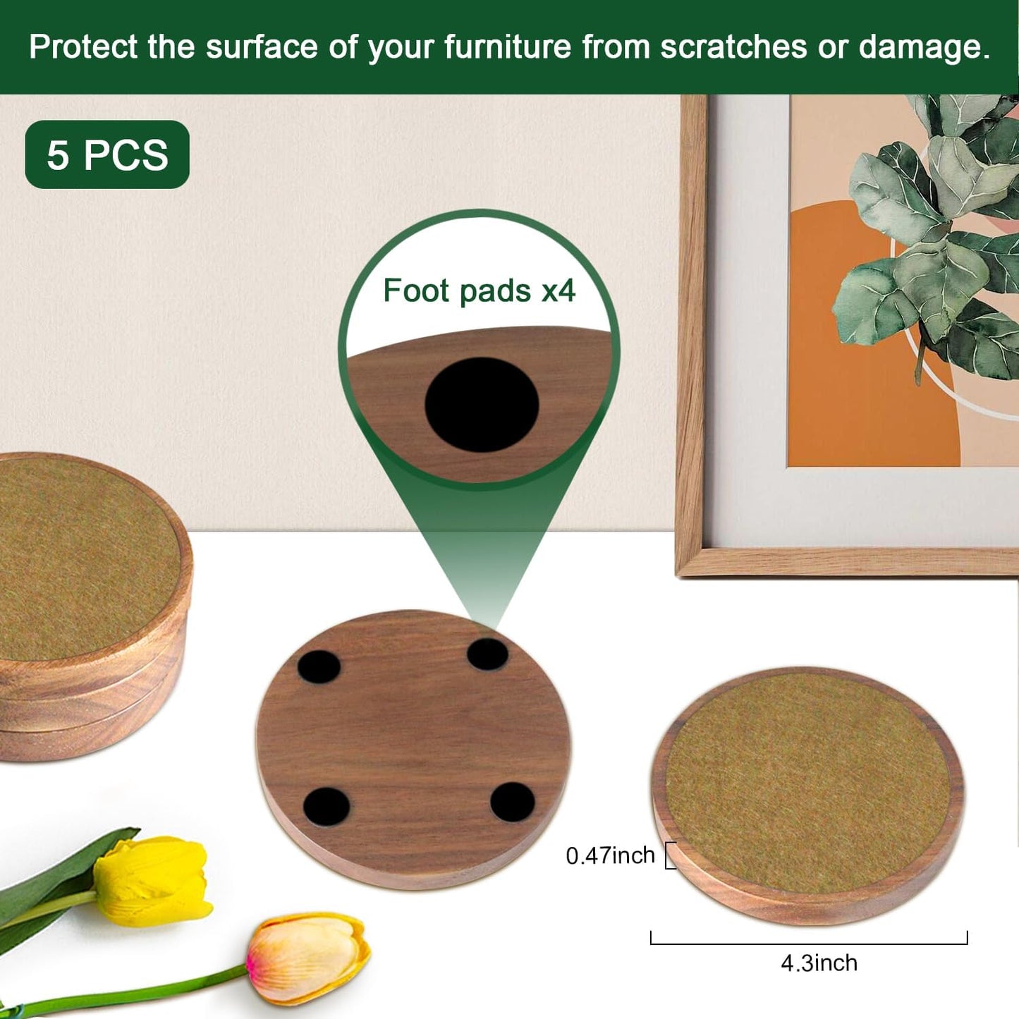 5 Pack Brown Wooden Coasters with Felt Pads, Non-Slip, Non-Stick, Absorbent, Round, 4.3 Inch, Perfect for Coffee Tabletop Protection