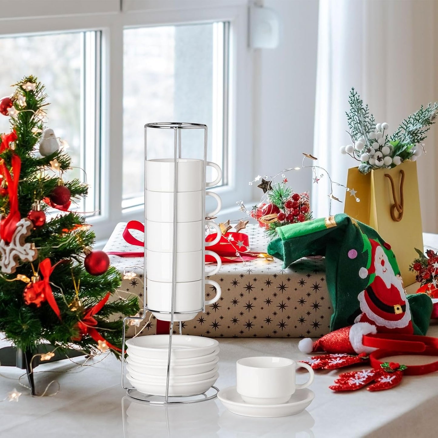 Sweejar Ceramic Espresso Cups Set of 6, Espresso Cup Stackable, 4 Oz Stackable Cappuccino Cups with Saucers and Metal Stand for Coffee Drinks, Americano, Latte, Tea (White)