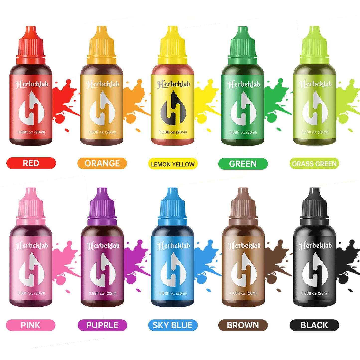 Herbeklab Food Coloring Liquid Food Dye Water Based Food Color 10 Colors x 20 ml Liquid Food Coloring Set Concentrated Slime Dye Pigments Soap Colorants Easter Egg Dyestuffs for Domestic Use
